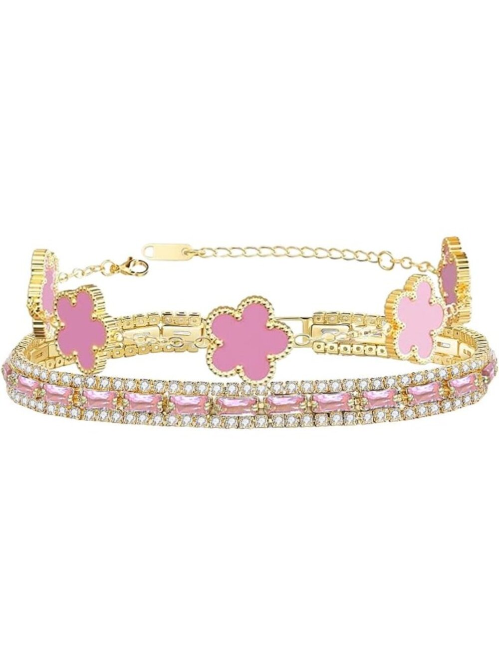 Multicolored CZ Tennis & Flower Stacked Bracelet Set - 2 Pcs Women's Jewelry